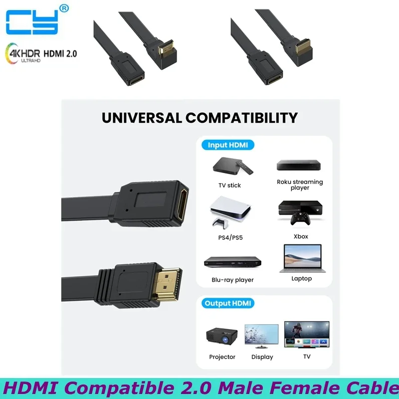 50cm Flat HDMI - compatible With 2.0 male and female Extension Cables, 4K 60HZ All Copper 19+1 High-Definition Connection Cable