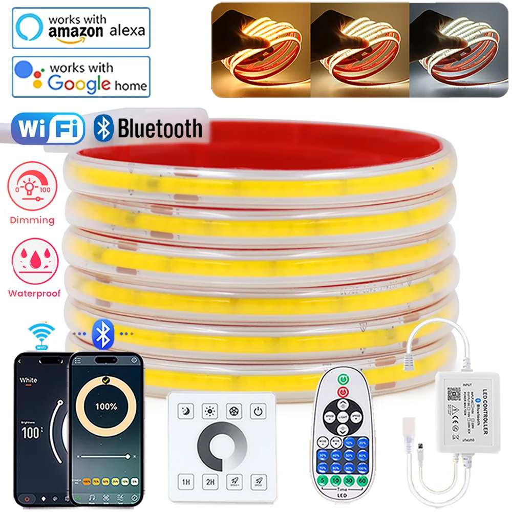 

Dimmable COB LED Strip Light 220V Smart Tuya WIFI Adhesive Tape Bluetooth 23key Remote Control Kit 240LED/m Waterproof Flex Lamp
