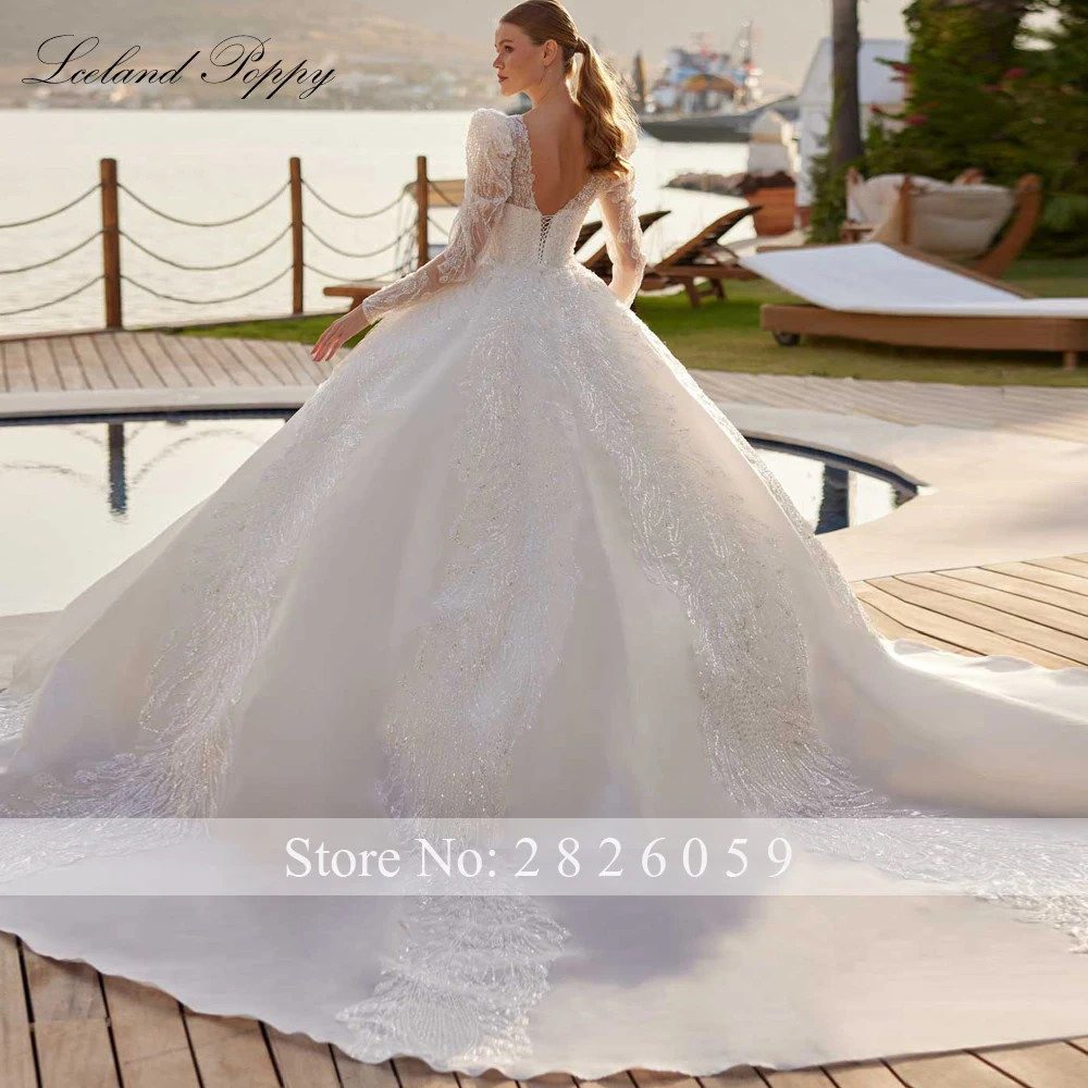 Lceland Poppy Customized Ball Gown Wedding Dresses Puffy Sleeves Beaded Lace Bridal Gowns with Chapel Train