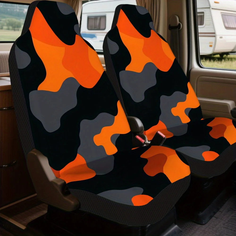 Set Of 2 Universal Car Seat Covers In Halloween Orange And Black Design, Stylish For Your Vehicle. Perfect For Weekend Fishing O
