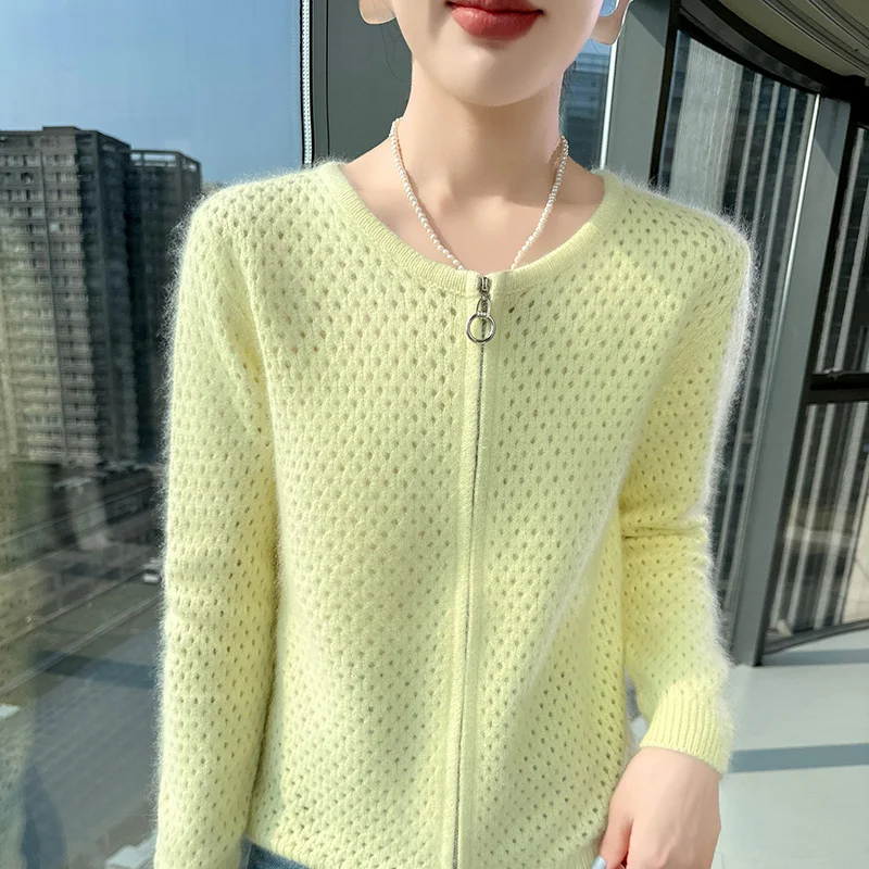 

Women's O-neck cardigan, 100% mink cashmere sweater, hollowed out knitted short, full sleeved versatile top, new product hot sel