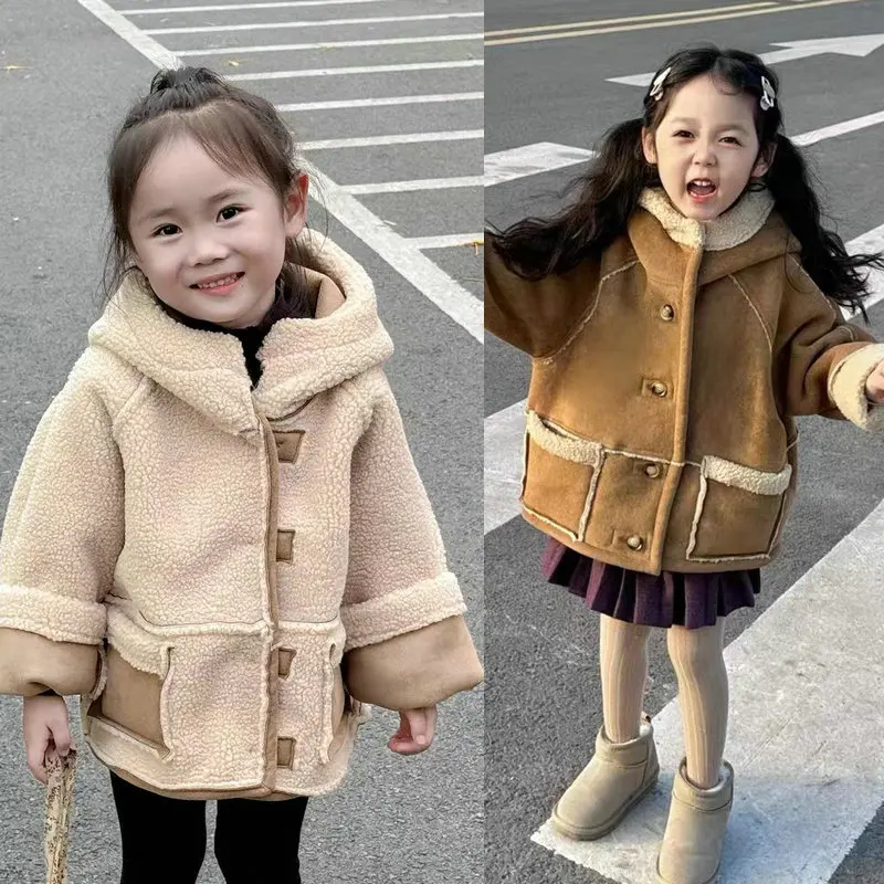 RAISE Winter Children Girls Suede Jackets Toddler Kids Girls Fleece Hooded Outerwear Coats Reversible Infant Girls Woolen Coats
