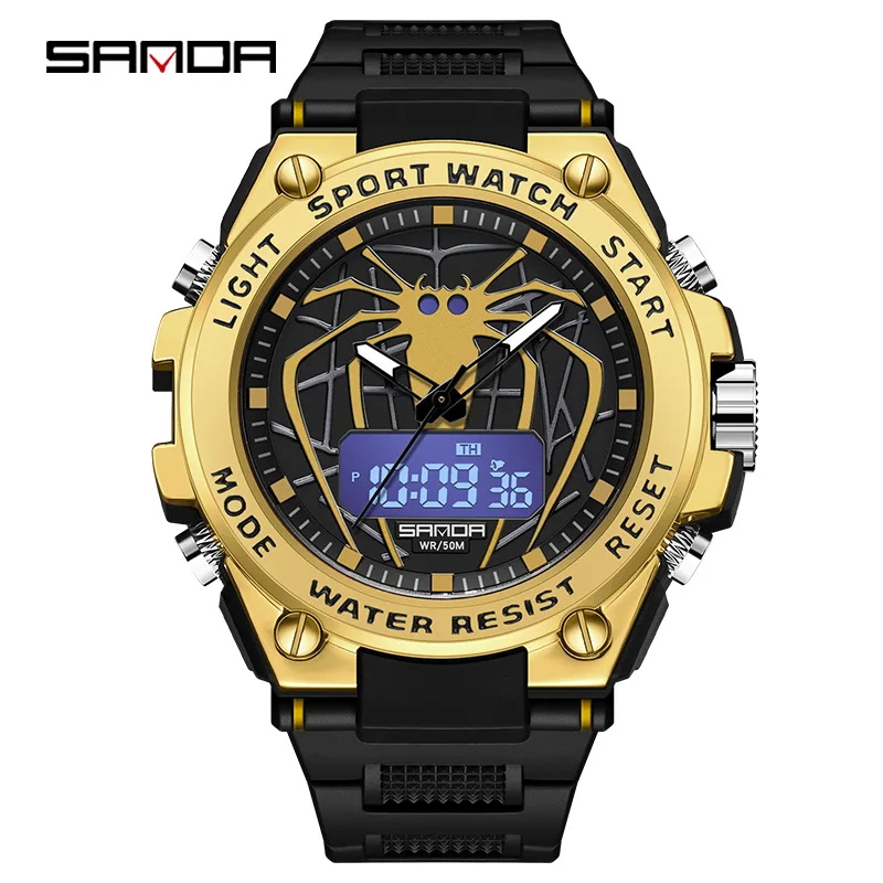 SANDA Spider Men's Watch Waterproof, Luminous, Shockproof, and Anti Drop Dual Time Display Large Dial Student Electronic Watch
