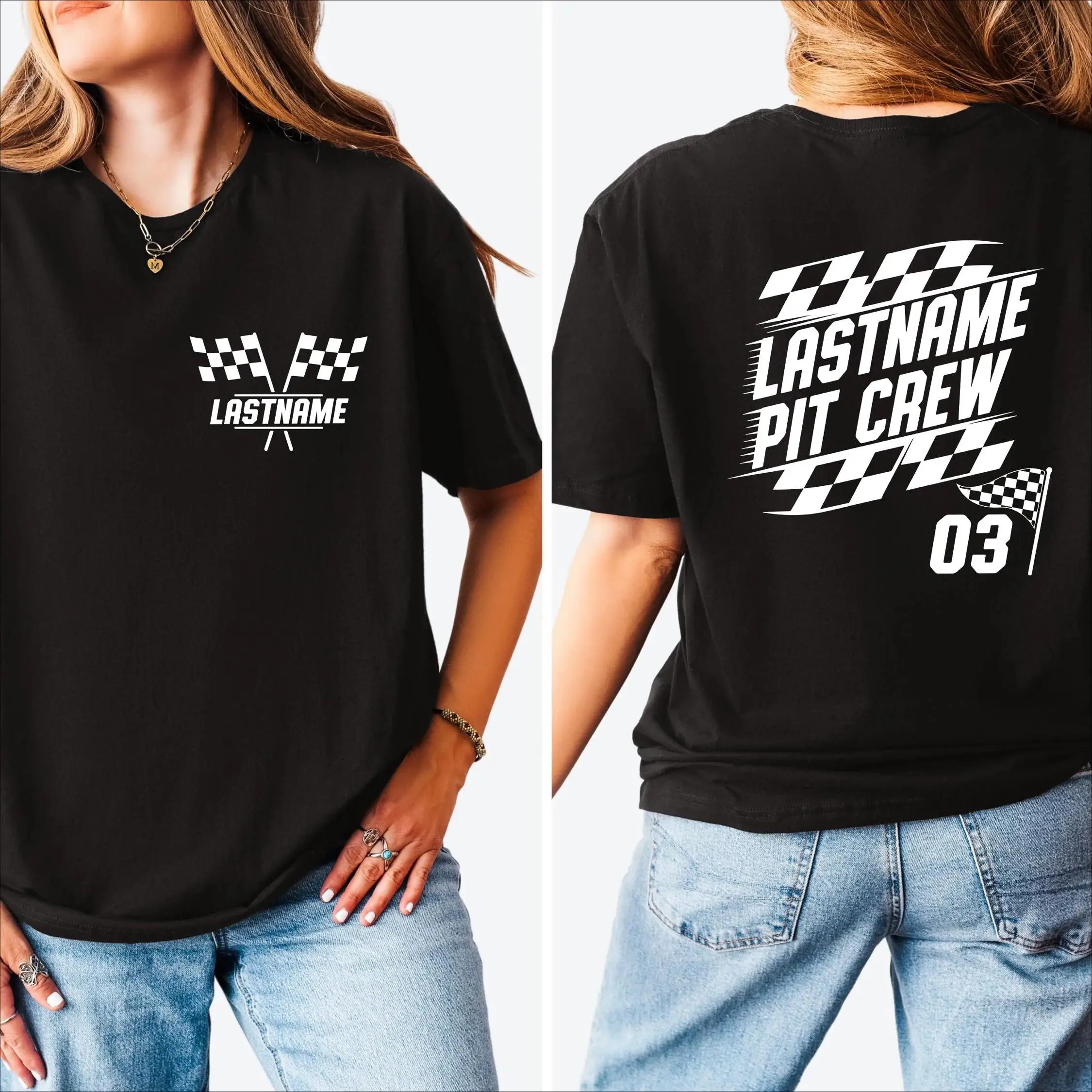 

Women's Personalized Racing T-Shirt Custom LASTNAME Pit Crew Race Team Tee Checkered Flag Sports Fan Gift