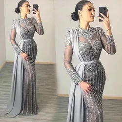 New High Neck Mermaid Prom Party Gown Long Sleeve Floor-Length Sweep Train Beaded Crystal Applique Tulle long Zipper Illusion