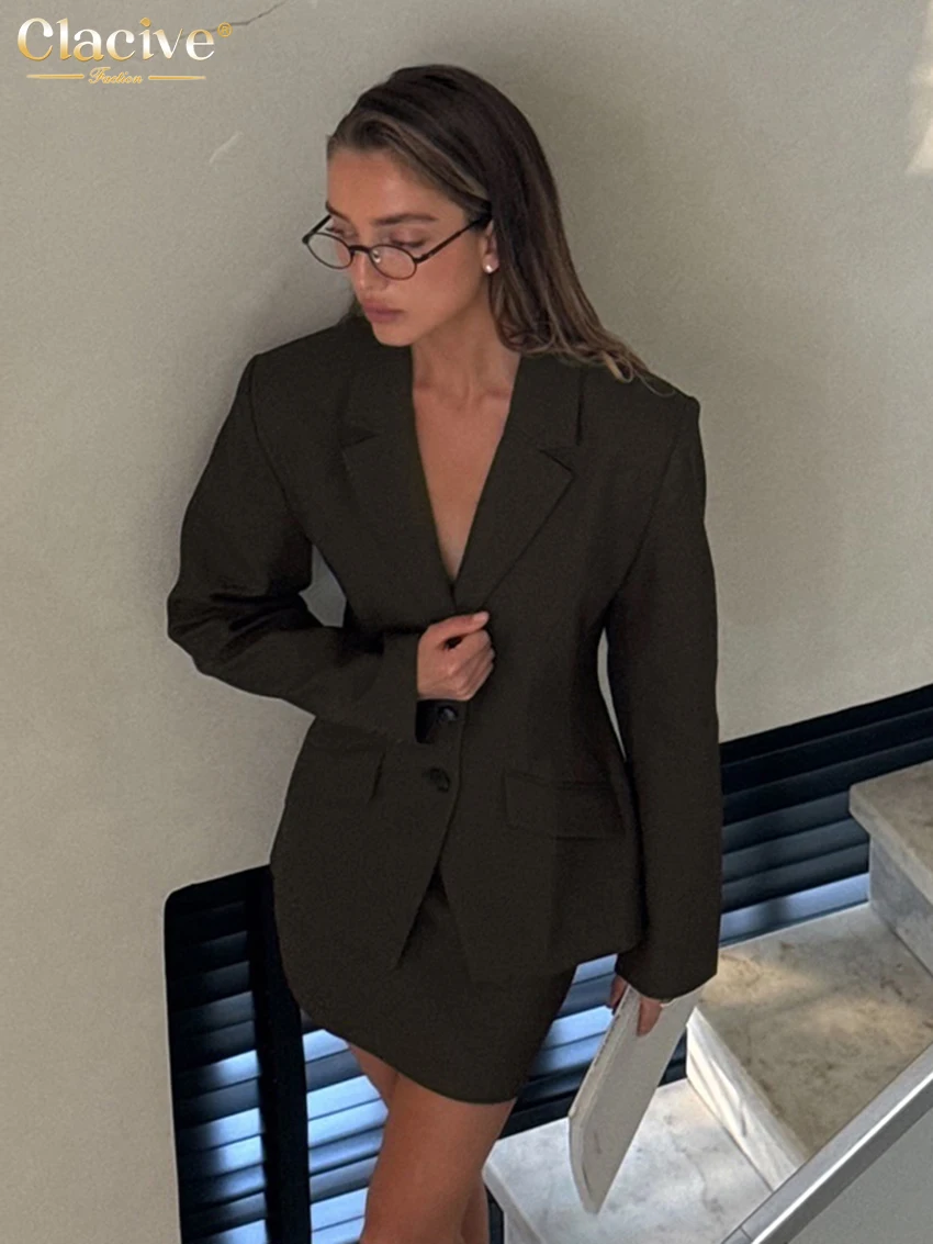 Clacive Fashion Slim Brown Office 2 Piece Sets Women Outfit Elegant Long Sleeve Blazer With High Waist Mini Skirt Set Female