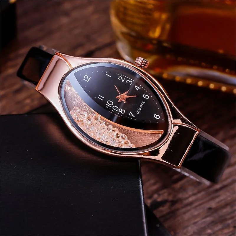 Elegant Women Crystal Oval Dial Quartz Wrist Watches Lady Leather Strap Casual Watch Gift