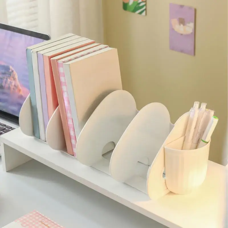 Desktop Book Organizer File Sorter Holder Storage Rack With Pen Holder Space Saving 4 Section Folder Multi-Functional Book