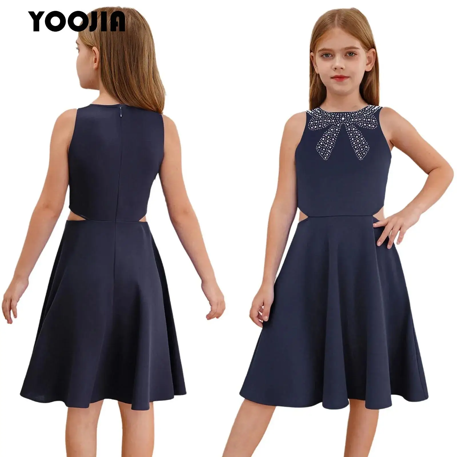 

Summer Girls Sleeveless Casual Dress Sparkly Rhinestone Cutout Waist High Waist Swing Sundress Party A-line Round Neck Dresses