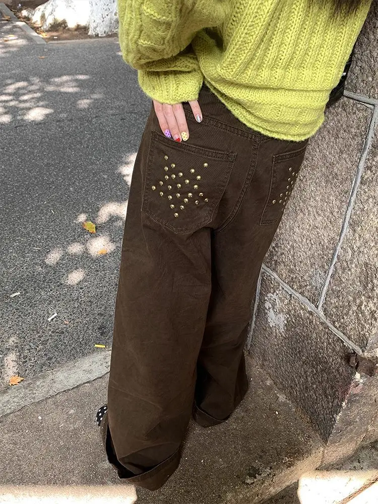 2026 American Retro Five Pointed Star Studded Pocket Jeans Loose Lazy Relaxed Design Children Wide Leg Pants