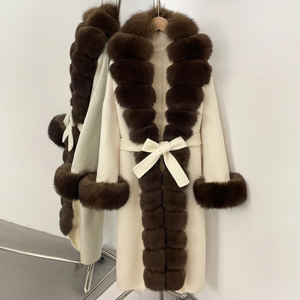 울 코트 여성용 신상 가을 겨울 따뜻한 옷 여우털 100% 울 코트 여성용 봄 긴 소매 롱 울 리얼 퍼 재킷