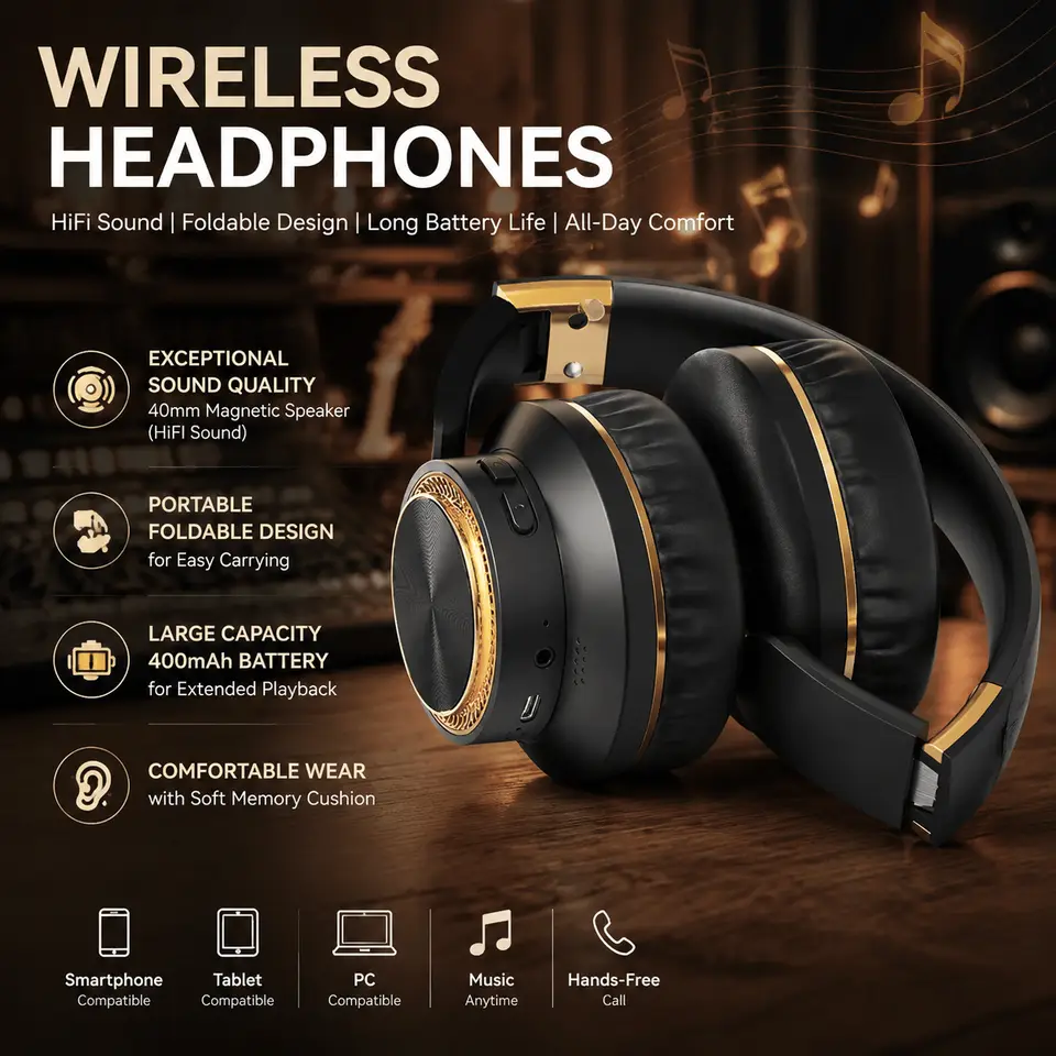 Wireless Bluetooth Over-Ear Headphones, 40mm Driver with 400mAh Battery