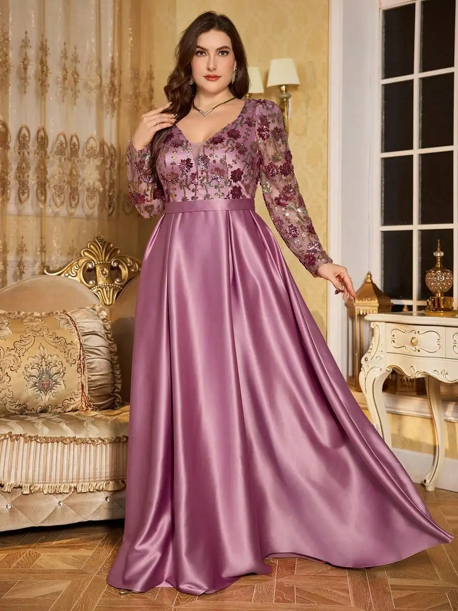 Plus Size Sequin Floral Lace Evening Dress V‑Neck Long Sleeve Satin A‑Line Maxi Gown Floor‑Length Formal Party Dresses For Women