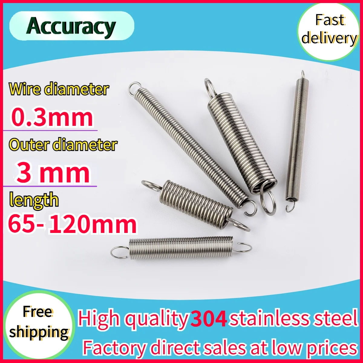 304 Stainless Steel long Tension spring 0.3 Wire diameter S Hook Round hook Coil Pullback Extension Tension metal Spring wire