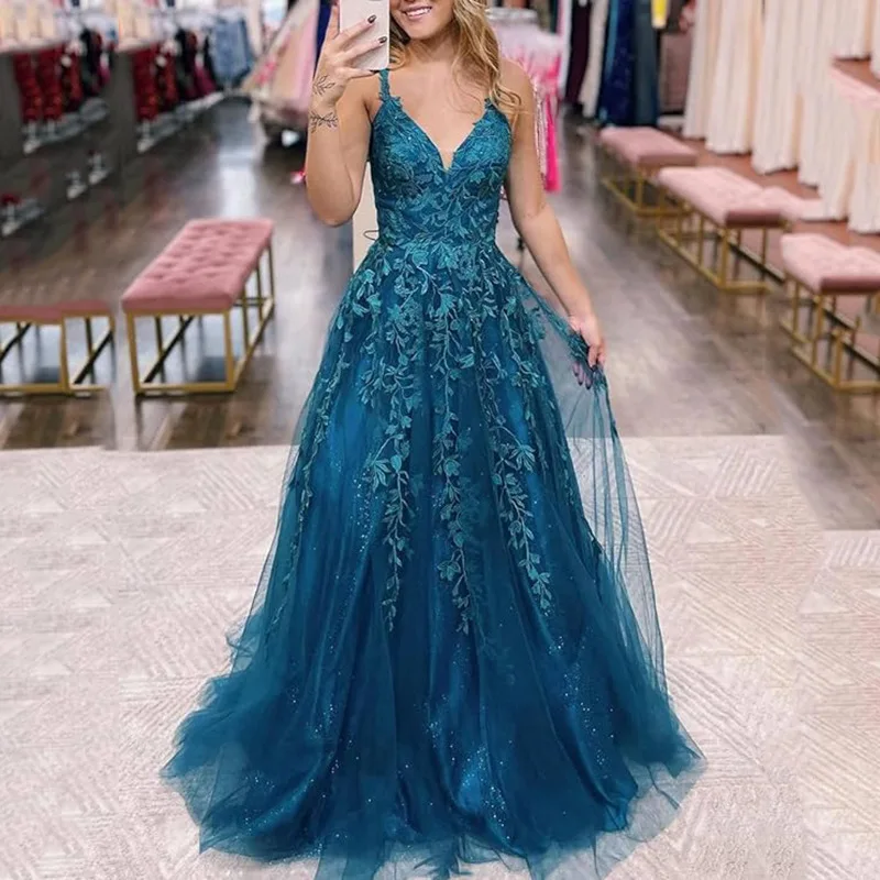 Aangepaste A-lijn Spaghettibandjes Avondjurken Applicaties Tule Prom Verjaardagsfeestje Jurken Applicaties Formele robes de soirée