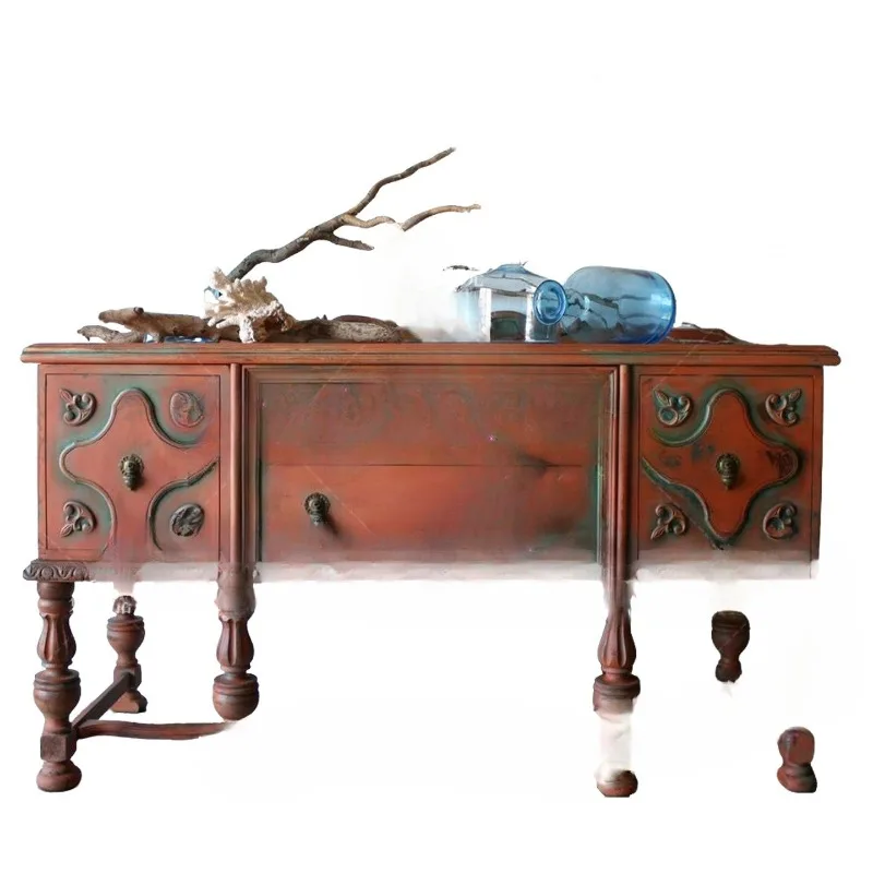 

French retro solid wood carving flower entrance cabinet living room wall decoration cabinet locker display cabinet old