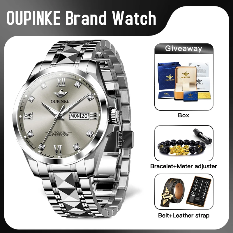 ﻿OUPINKE 3262 Mens Watch Original Brand Automatic Mechanical Watch﻿ 50M Waterproof Watch For Men Dual Calendar Watch Box Gifts