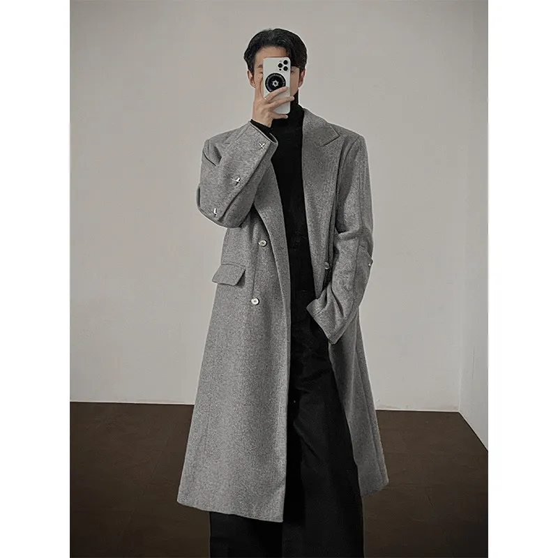 

Зимнее мужское шерстяное пальто-ветровка в британском стиле, удлиненное, свободного кроя, выше колена, в корейском стиле, повседневное, модное