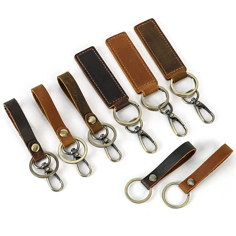 Vintage Brown Cowhide Car Keychain for Women Personality Leather Keyring Short Oil Corium Wristband Key Chains Lanyard Wholesale