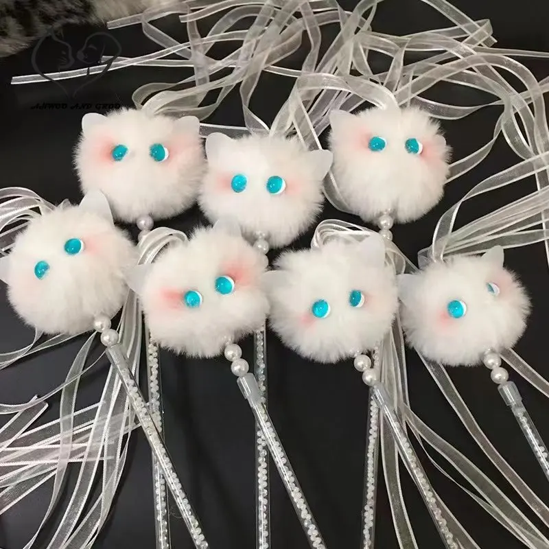 Funny Interactive Cat Toys Kawaii Plush White Tassel Bell Cat Stick Toys for Kitten Playing Teaser Ribbon Wand Toys Cat Supplies