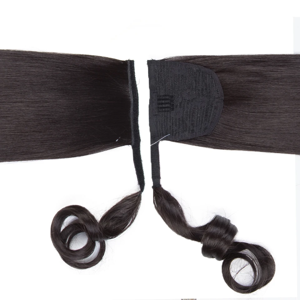 FASHION IDOL Straight Ponytail Hair Synthetic Wrap Around Clip in Fake Hair Extensions Natural Hairpiece Fiber Black Pony Tail