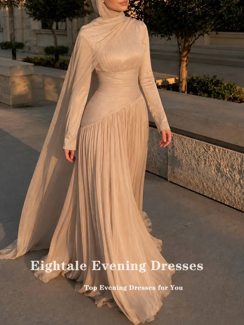 Eightale Arabic Evening Dress High Neck Customized Pleats Floor Length A-Line Muslim Champagne Prom Wedding Party Gown