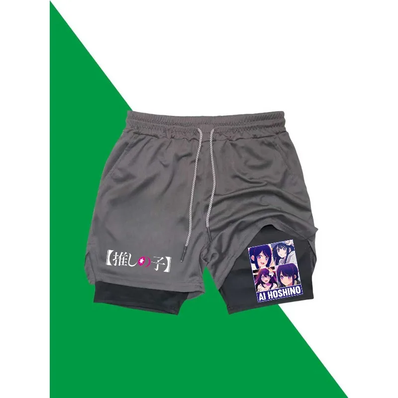 Ai Hoshino طباعة 2in1 تشغيل تجريب السراويل الرجال الصالة الرياضية أداء ضغط السراويل مع جيب للهاتف منشفة رياضية أكتيفيوير #5