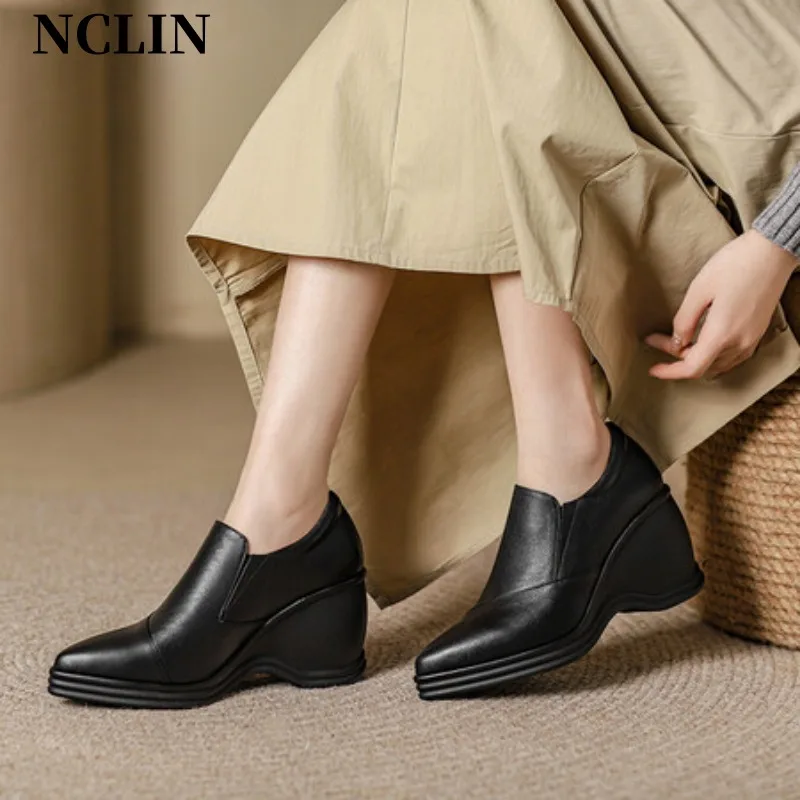 Spring/Summer Women Shoes Chunky Heel Pointed Toe Platform Shoes Women Genuine Leather Shoes High Heel Loafers Zapatos De Mujer