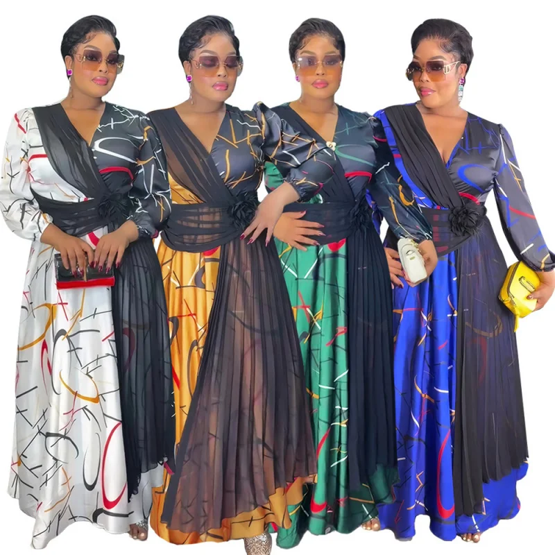 

African Foreign Trade New Women's Muslim Color-Block Printed Dress Plus Size Long Dress