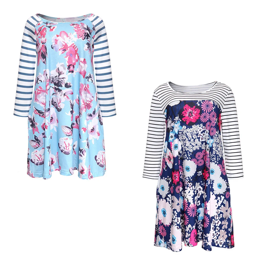 Femmes fille col rond épissage Foral rayure Mini robe poche latérale robe à manches longues