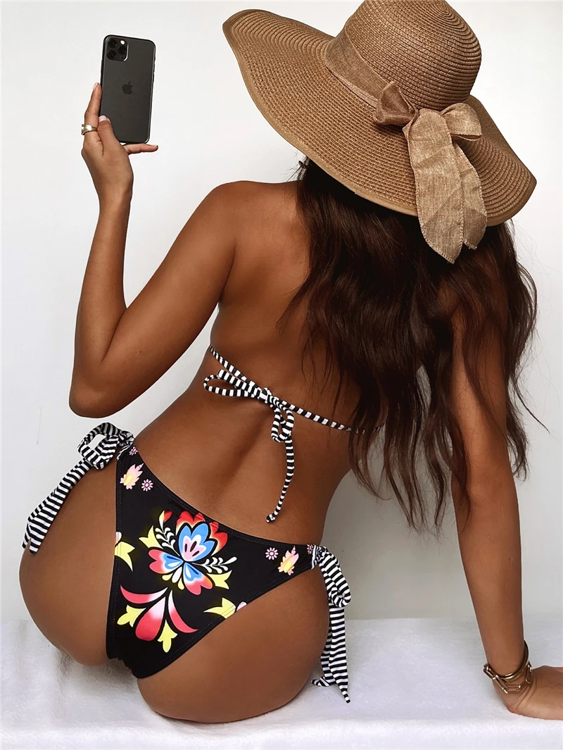 Vintage Sexy Bikini Print Swimsuit Women Bikinis Set Bandage Swimwear Adjustable Beachwear Feminine Bath Suit Dropshipping
