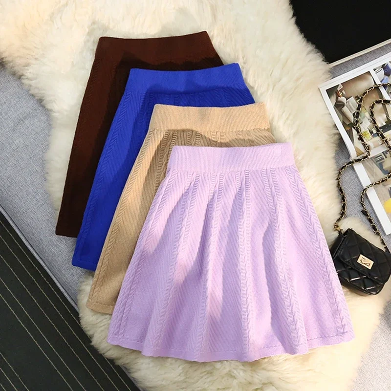 

Winter Pleated Knitted Skirt Women Sexy Elastic High Waist A-Line All-Match Party Short Mini Skirt Umbrella Purple Black L537