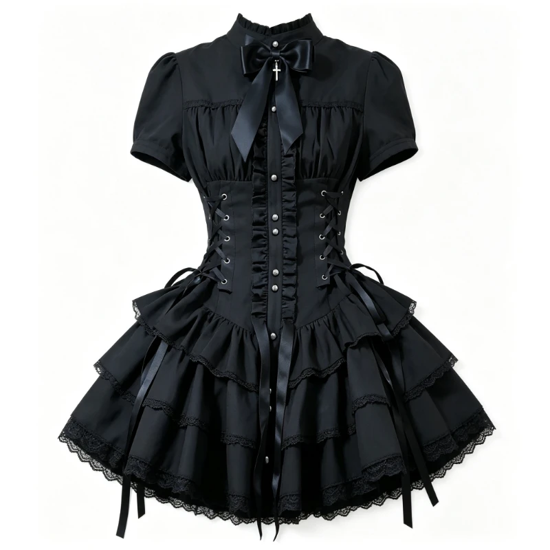 Gothic Lolita Minikleid für Damen mit Stehkragen, Schleife, Kurzen Ärmeln, Schnürung und Mehrlagigem Rüschenrock im Y2K Japanischen Dark Punk-Stil