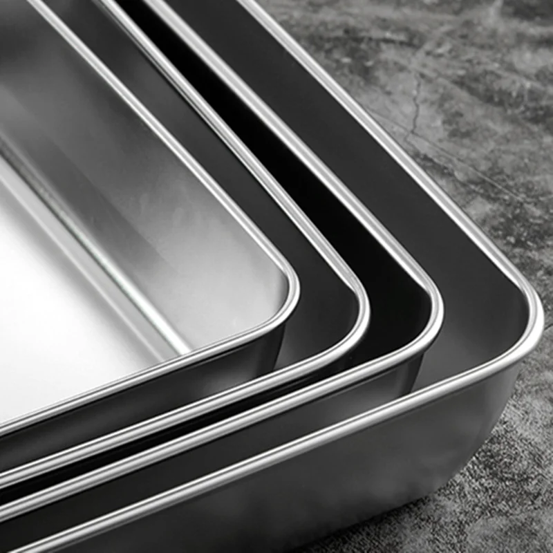 Thicken Stainless Steel Food Storage Tray Rectangular Deep Plates Fruits Bread Cakes Steamed Sausage Dishes Kitchen Cooking Tool