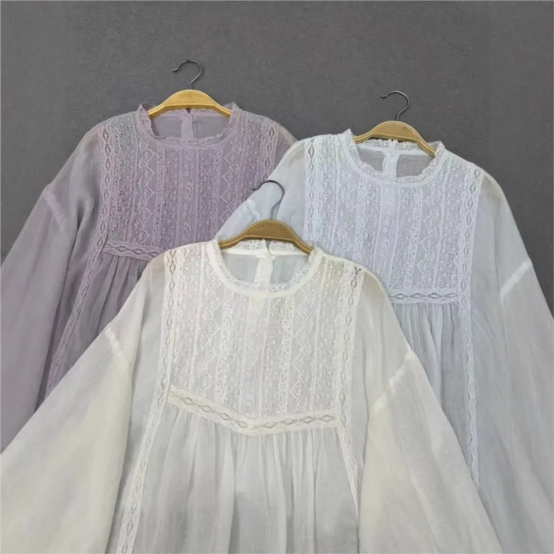 Johnature verão novo retro pulôver renda ramie solto camisa de manga de três quartos 2025 novo casual fino simples blusas femininas