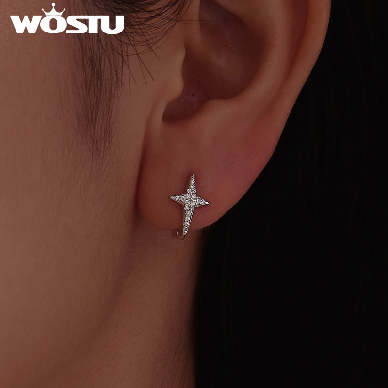 WOSTU Classical Full Zircon Star Huggies Earrings, 925 Silver Post Geometric Hoop Earrings for Women Minimalist Jewelry Gift