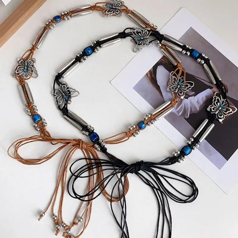 652F حزام خصر نسائي سلسلة ربط حزام فراشة خرز منسوج لفستان كاجوال جينز