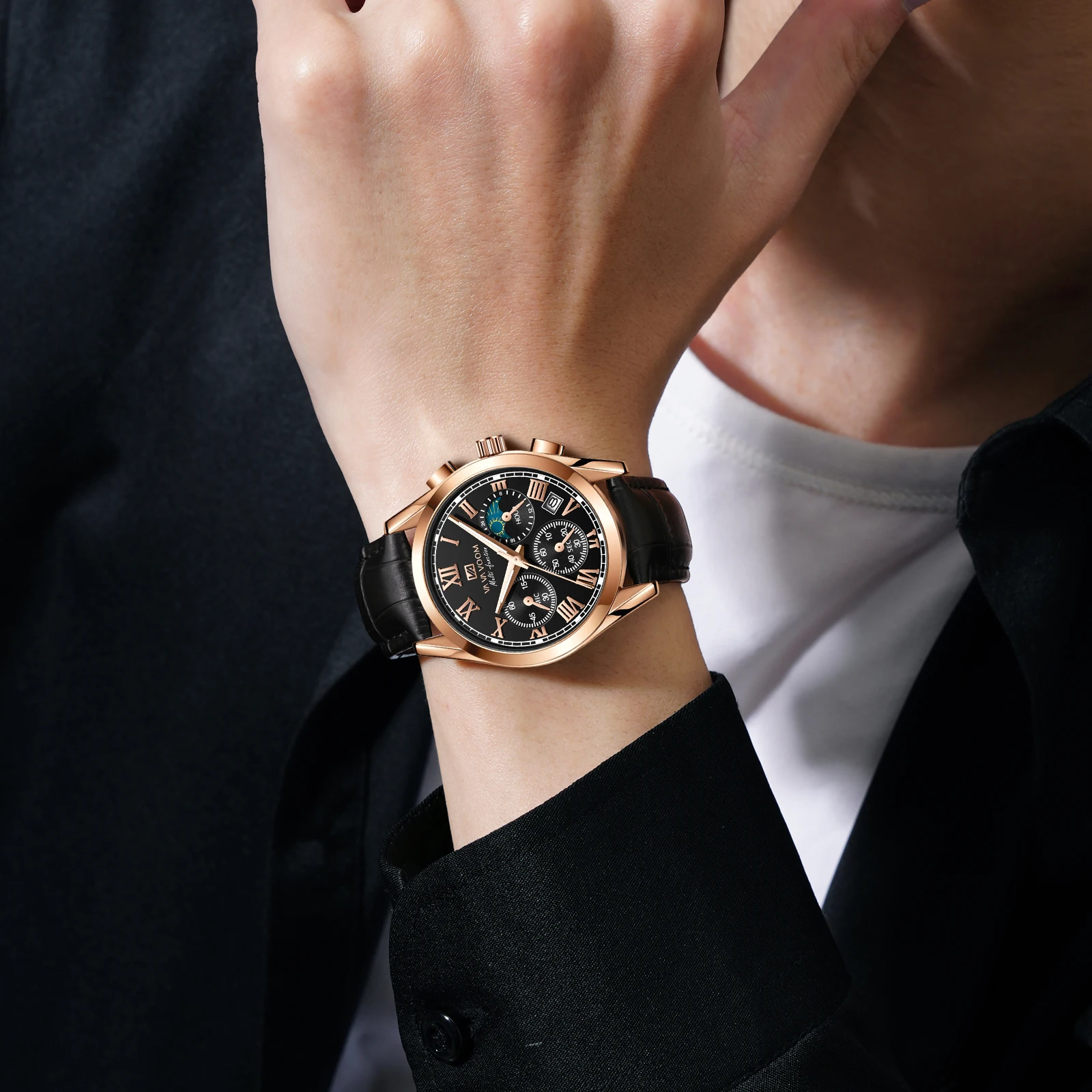 VA VA VOOM 브랜드 남성용 시계 가죽 스트랩 40mm 다기능 타이밍 다이얼 비즈니스 시계 화려한 석영 손목 시계 reloj hombre