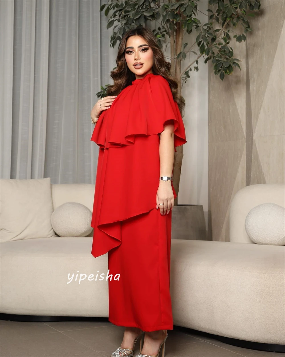 Gaun Prom Arab Saudi gaya Modern sederhana Formal malam kerah tinggi A-line terbungkus sepanjang lutut Satin Bespoke gaun acara