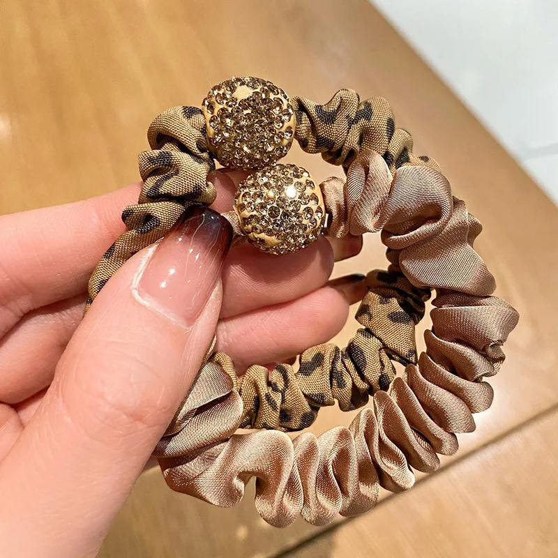 Fashion Crystal Rhinestone Hair Rope Elastic Cloth Leopard Print Large Intestine Hair Ring Women Girl Rough Ponytail Headwear