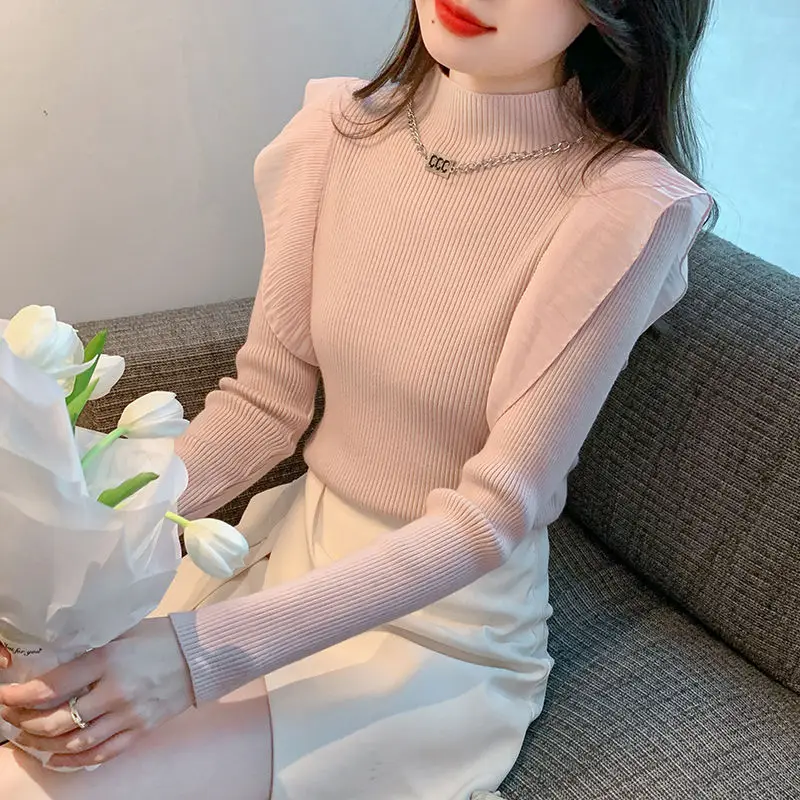 Autumn New Purple Knitted Sweater with Ruffle Edge Splicing Long Sleeved Sweater Retro Style Slim Fit and Slimming Top for Women