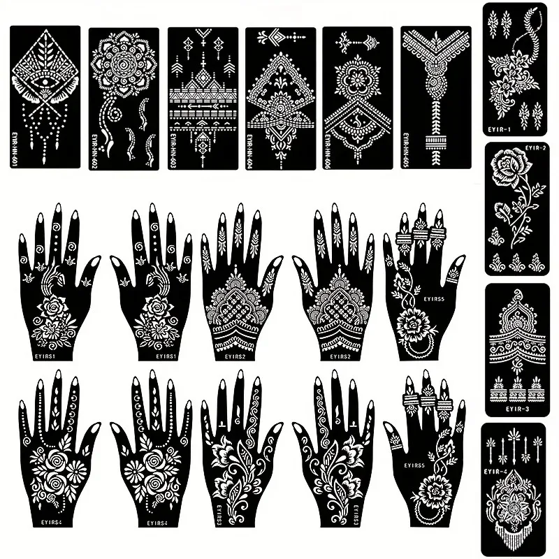 20pcs Black Self Adhesive Temporary Tattoo Stencils Reusable Body Art Template Kit For Henna Wedding Nail Art DIY Decoratio