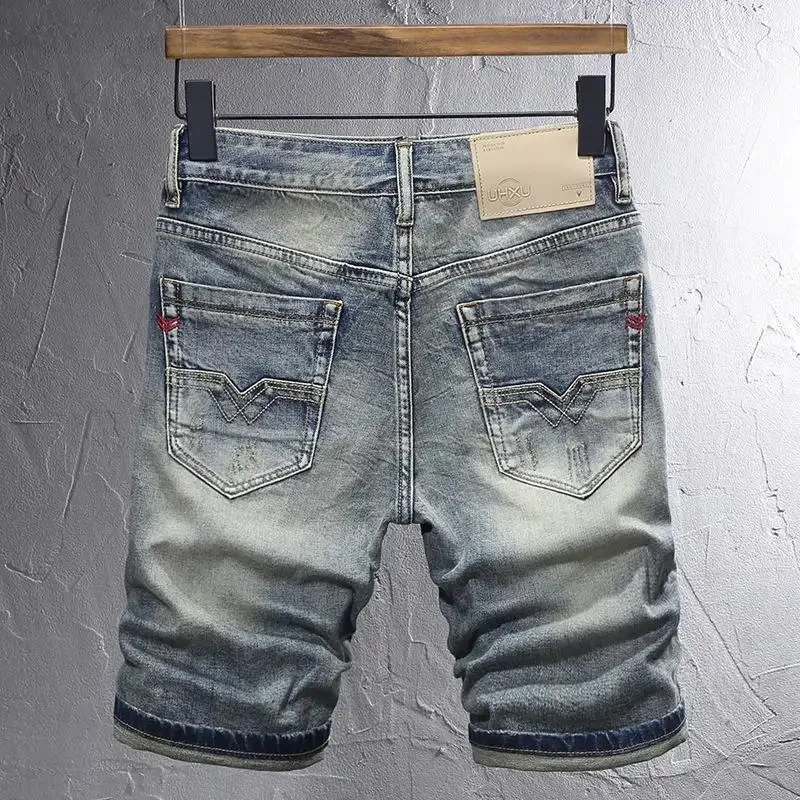 New Summer 2026 Ripped Blue Denim Shorts for Men, Vintage Shabby and Stylish, Slim Fit, American Style, Five-Point Pants