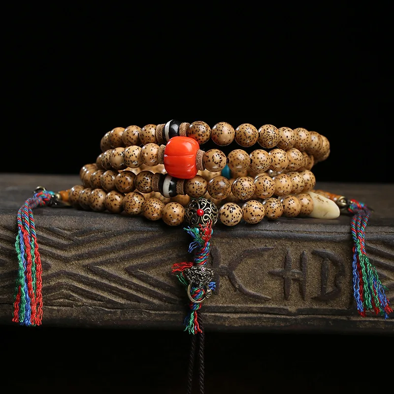 Tibetan-style antique star-and-moon bodhi beads with natural cracks, 108-bead rosary, round beads, coral and yak bone