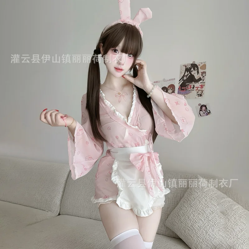 

Japanese Cute Bunny Themed Robe, Kimono-Style Nightdress with Bunny Print and Bow Decoration