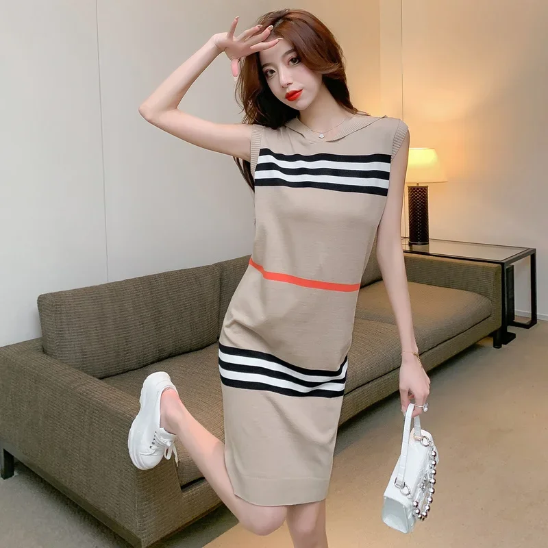 YUQI Basic Striped Knitted Dress Summer Casual Loose Hooded Sleeveless Knee-Length Dresses for Women 2024 Elegant Sweet Vestidos