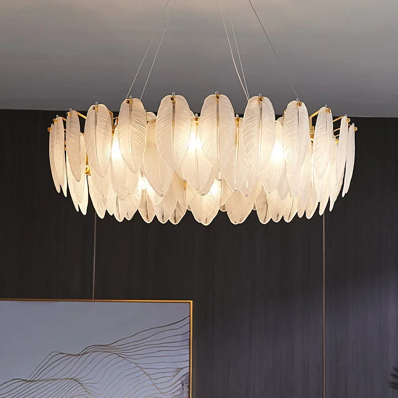 Feather Glass LED Chandelier Modern Luxury Pendant Light for Villa Living Dining Room Bedroom Home Decor Hanging Lustre Lamp