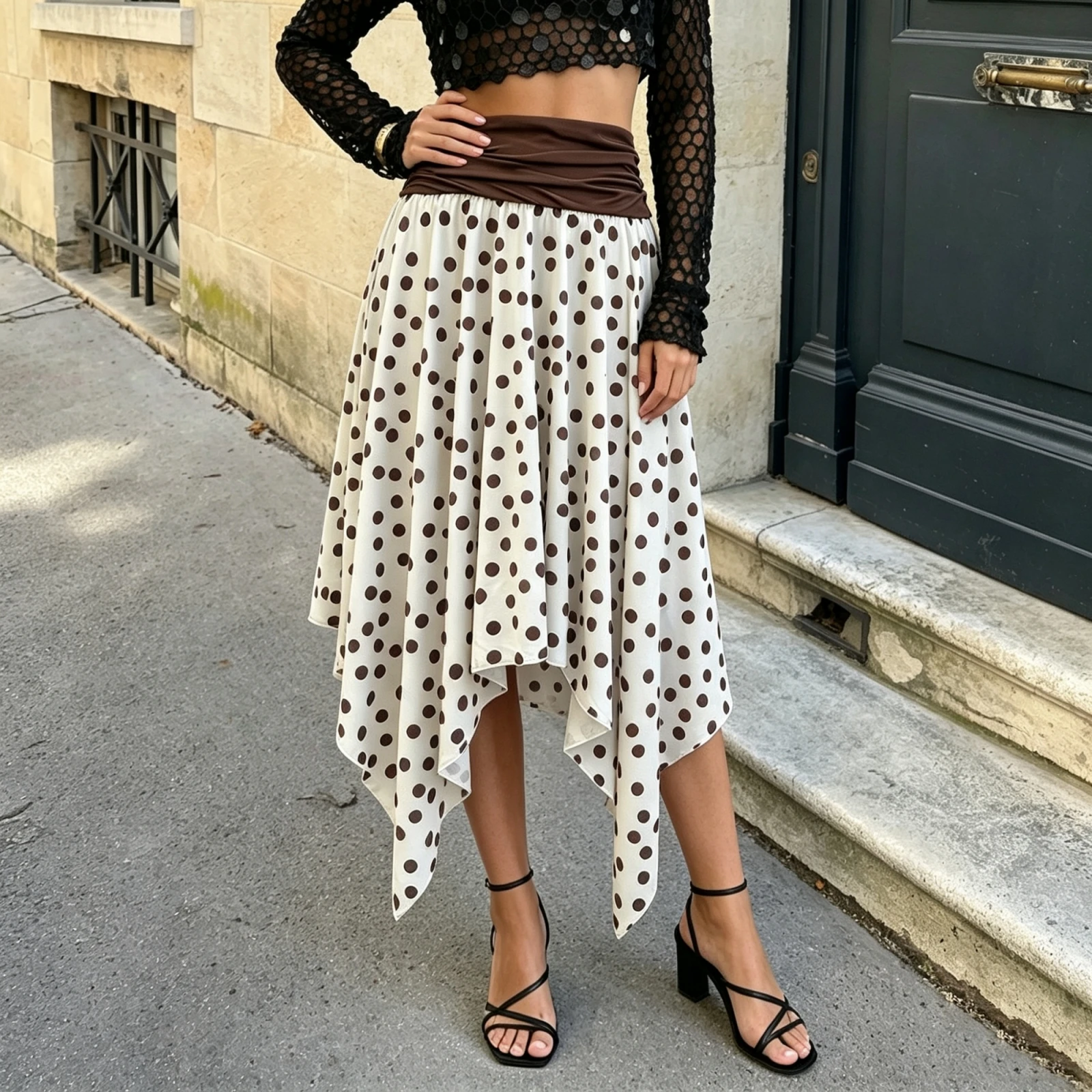 Women's Summer High Waist Flowy Skirt Irregular Hem Dot Print Long Skirts for Travel