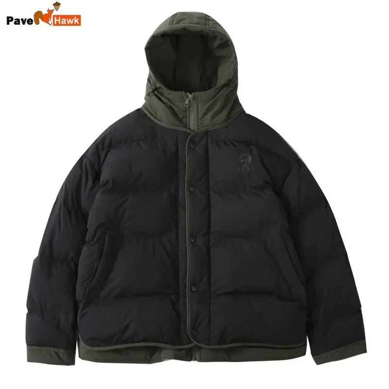 Winter American Retro Casual Jacket Fake Two-Piece Hooded Coat Cotton-Padded Jacket Streetwear Thick Warm Fashion Hooded Coat