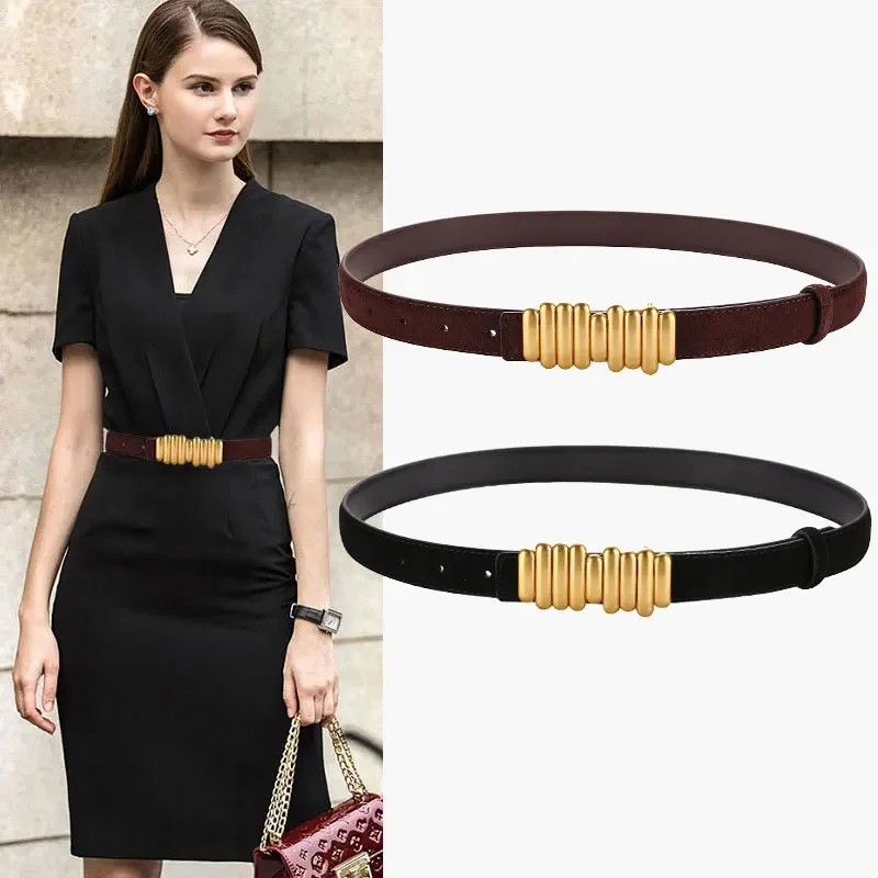 ファッションスエードベルト-レディース-ジーンズドレスに合う-ゴールドバックル-ソフトベルト-レディース-デザイナー-高級牛革ベルト